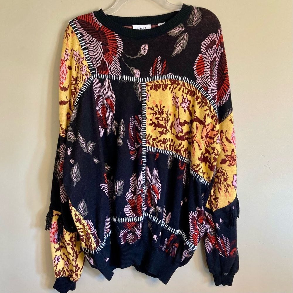 LAIA Tabatha Patchwork Sweater Embroidered Fringe Floral Black Pink Gold Size XL - Picture 5 of 15